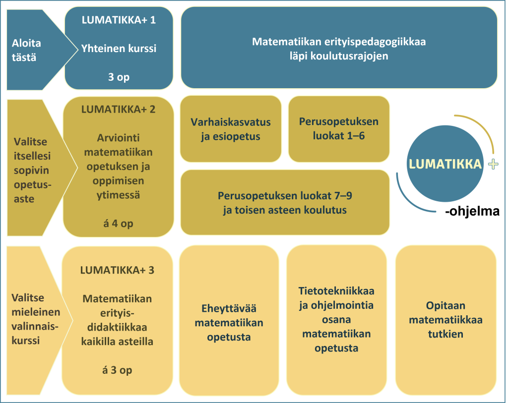 Kuvassa on LUMATIKKA+-ohjelman kurssit osioittain. 1. Kaikille yhteinen 3 op kurssi: Matematiikan erityispedagogiikkaa läpi koulutusrajojen. 2. Oman opetusasteen mukaan valittava kurssi Arviointi matematiikan opetuksen ja oppimisen ytimessä (á 4 op) ja 3. Matematiikan erityisdidaktiikkaa kaikilla asteilla (á 3 op), joka sisältää kurssit Eheyttävää matematiikan opetusta, Tietotekniikkaa ja ohjelmointia osana matematiikan opetusta ja Opitaan matematiikkaa tutkien.