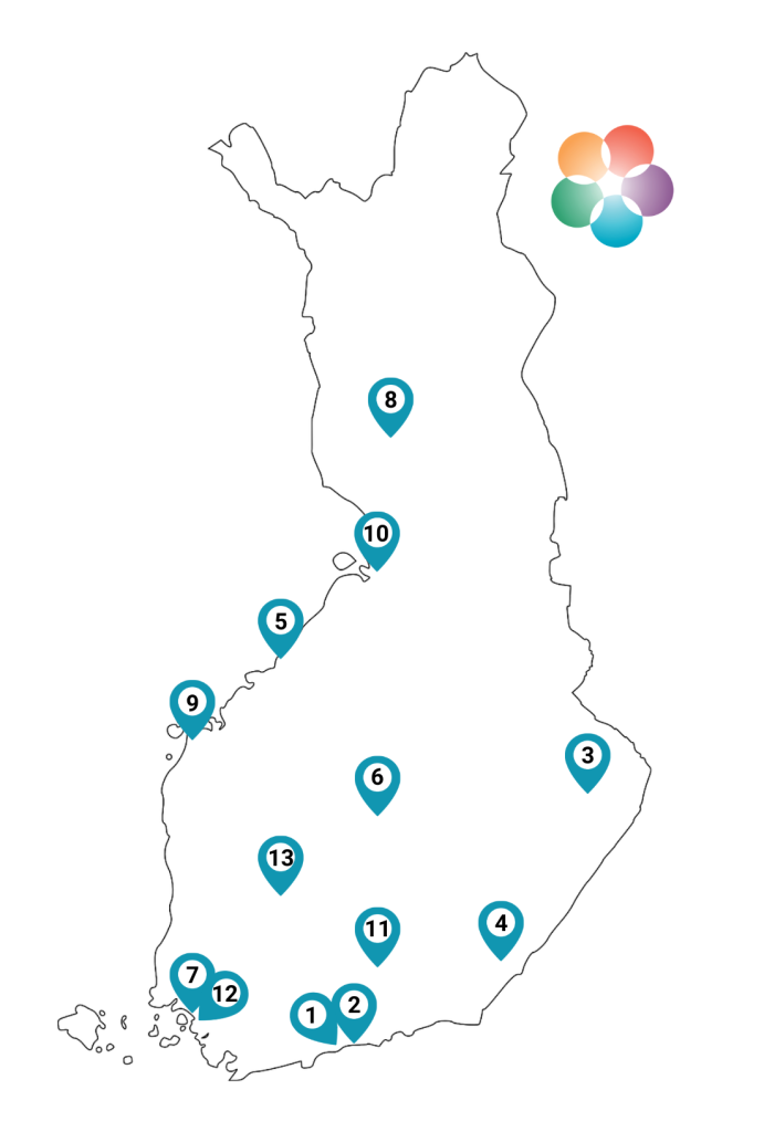 Alueelliset LUMA-keskukset Suomeen karttaan merkittynä. Numerointi on aakkosjärjestyksen mukainen.