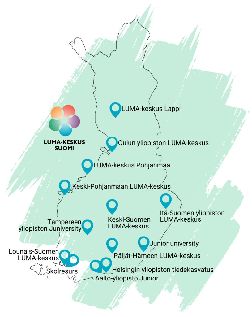 LUMA-keskukset merkittynä Suomen kartalle