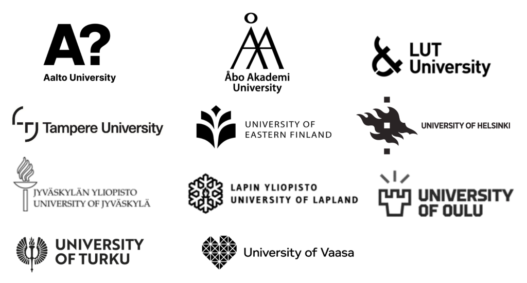 Logos of the universities in the LUMA Centre Finland network