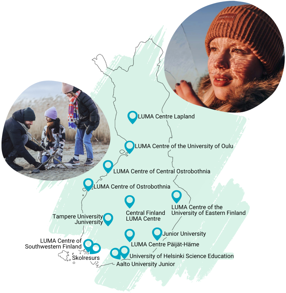 A map of Finland with all 13 regional LUMA centres marked. Next to the map is an illustration of a girl holding a thin piece of ice in her hand, reflecting the light of the setting sun, creating patterns on the face. In another illustration, a man is building a tower of sticks on the beach with two children.