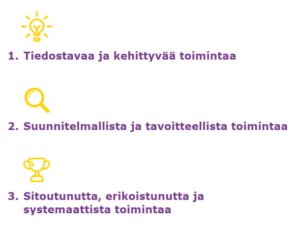 Graafinen esitys: Sertifikaatissa on kolme tasoa: 1. Tiedostava ja kehittyvä toiminta, 2. Suunnitelmallinen ja tavoitteellinen toiminta ja yli taso 3. Sitoutunut, erikoistunut ja systemaattinen toiminta.
