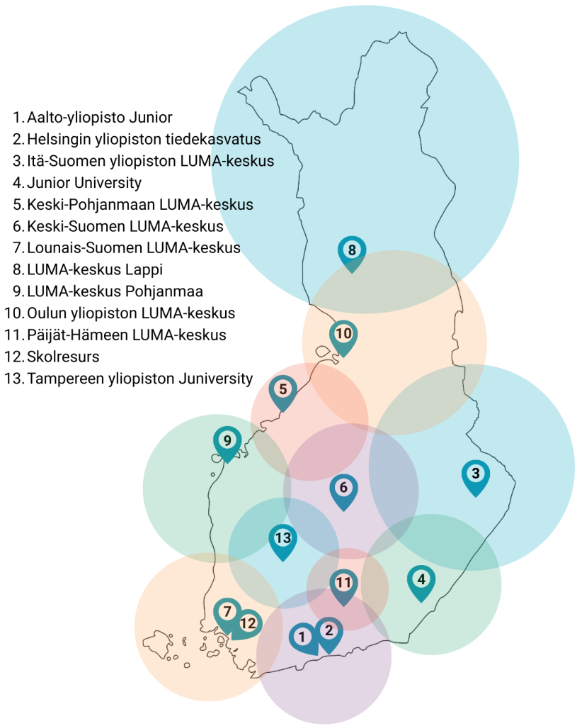 Suomen kartta, johon on merkitty kaikki 13 LUMA-keskusta. 