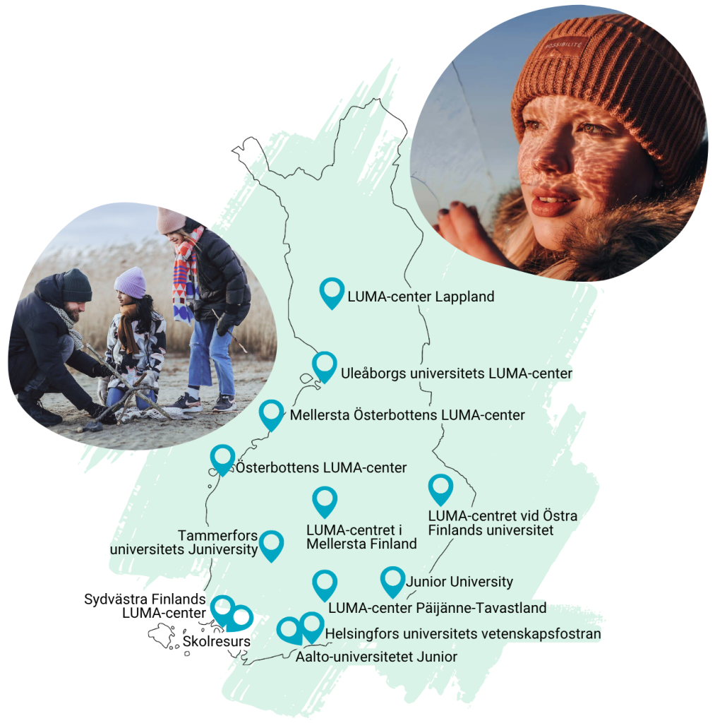 En karta över Finland med alla 13 regionala LUMA-center markerade. Bredvid kartan finns en illustration av en flicka som håller en tunn isbit i handen, vilket reflekterar ljuset från den nedgående solen och skapar mönster på ansiktet. I en annan illustration bygger en man ett torn av pinnar på stranden med två barn.